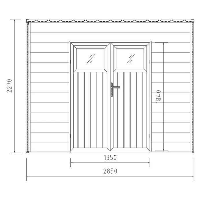 Fjordholz Gartenhaus Cubus 8,12 m² - Außenmaß inkl. Dachüberstand (B x T): 285 x 285 cm, Aluminium, Schwarz / Grau - Bauplan der Vorderseite eines Geräteschuppens mit Doppeltüren, Fenstern und Hauptmaßen.