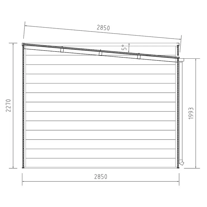 Fjordholz Gartenhaus Cubus 8,12 m² - Außenmaß inkl. Dachüberstand (B x T): 285 x 285 cm, Aluminium, Schwarz / Grau - Technische Zeichnung eines Pultdachschuppens. Breite 2850, hohe Seite 2270, niedrige Seite 1993, Dachneigung 5 Grad.