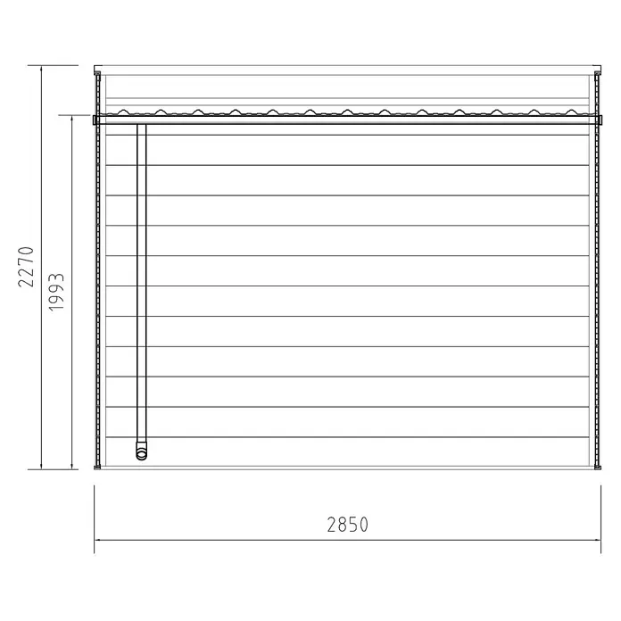 Fjordholz Gartenhaus Cubus 8,12 m² - Außenmaß inkl. Dachüberstand (B x T): 285 x 285 cm, Aluminium, Schwarz / Grau - Technische Zeichnung einer Jalousie, 2850mm breit, mit Höhen von 2270mm und 1993mm.
