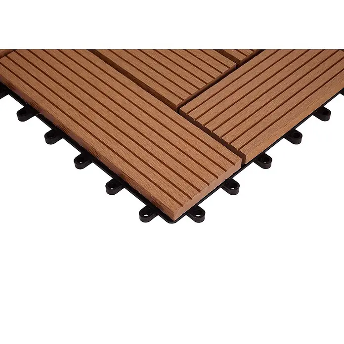 Berlinlodge WPC-Fliese - Braun, 1 Stk. - Braune WPC-Klick-Terrassenfliesen mit geriffelter Oberfläche, die das Stecksystem zeigen.