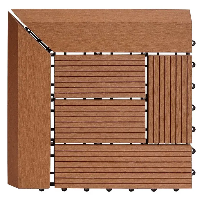 Berlinlodge WPC-Fliese - Braun, 1 Stk. - Braune WPC-Terrassenfliese mit diagonaler Eckleiste und verschiedenen Lattenmustern.