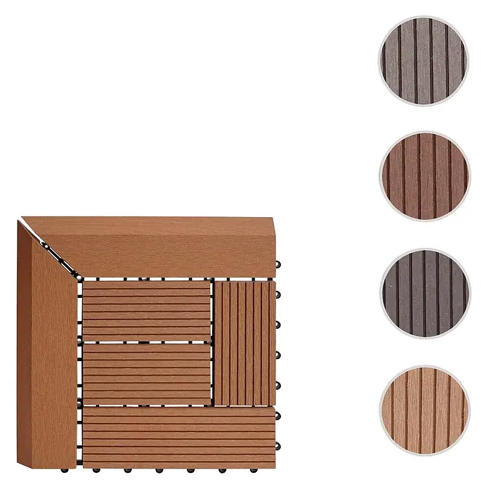 Berlinlodge WPC-Fliese - Braun, 1 Stk. - Braune Komposit-Terrassenfliese mit Randstück, zeigt Lattenmuster. Inklusive Farbmuster.