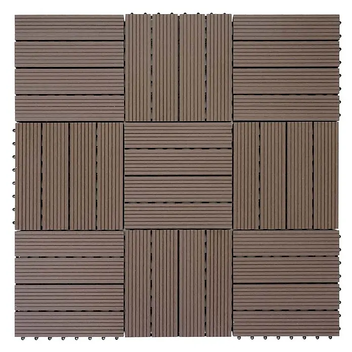 Berlinlodge WPC-Fliese - Braun, 11 Stk. - Braune WPC-Terrassenfliesen mit Klicksystem, im Wechsel horizontal und vertikal ausgerichtet.
