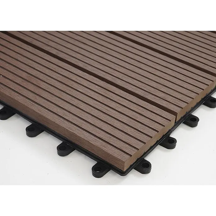 Berlinlodge WPC-Fliese - Braun, 11 Stk. - Braune, gerillte WPC-Terrassenfliese mit schwarzem Stecksystem für einfache Verlegung.