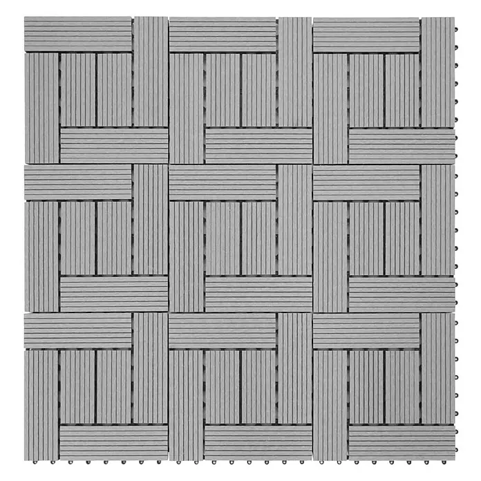Berlinlodge WPC-Fliese - Grau, 11 Stk. - Quadratische graue Verbund-Terrassenfliesen mit geriffelter Oberfläche, in einem Flechtmuster für Außenbereiche angeordnet.