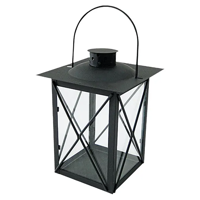 Farolillo metálico - 14 × 14 × 21 cm - Linterna negra con paneles de vidrio y marco de metal, ideal para decoración interior y exterior.