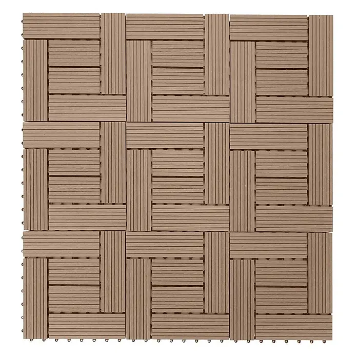 Berlinlodge WPC-Fliese - Braun, 11 Stk. - Hellbraune, ineinandergreifende Terrassenfliesen mit geriffelter Holzoptik, im wechselnden Plankenmuster.