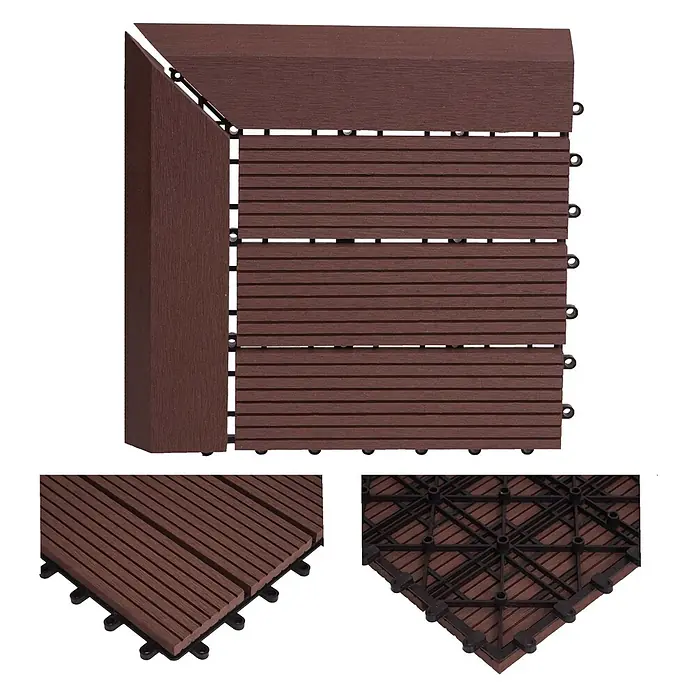 Berlinlodge WPC-Fliese - Braun, 1 Stk. - Dunkelbraune WPC-Klickfliesen für Terrassen, mit Holzoptik, Eckstück und Kunststoff-Unterkonstruktion.