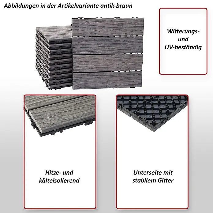 Berlinlodge WPC-Fliese - Braun, 4 Stk. - Antikbraune WPC-Terrassenfliesen in Holzoptik, wetter-/UV-beständig, wärme-/kälteisolierend, mit stabilem Gitterboden.
