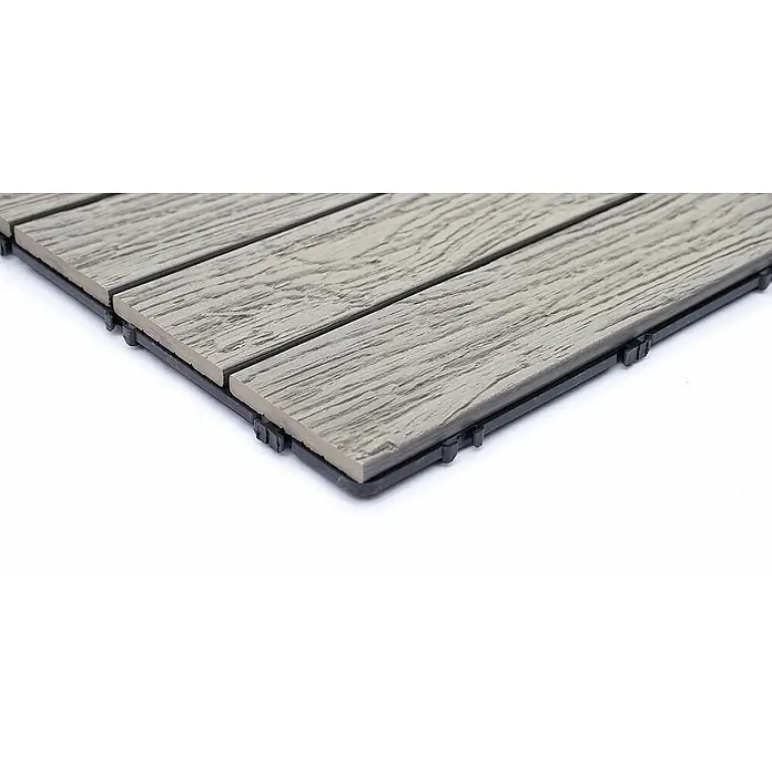 Berlinlodge WPC-Fliese - Braun, 4 Stk. - Graue Verbund-Terrassenfliesen mit Holzmaserung, verbunden durch schwarze Kunststoffbasis.
