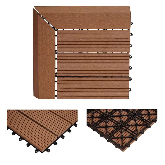 Berlinlodge WPC-Fliese - Braun, 1 Stk. - Braune Holz-Kunststoff-Verbund (WPC) Klick-Terrassenfliese mit geriffelter Oberfläche und sichtbarem Verbindungssystem.
