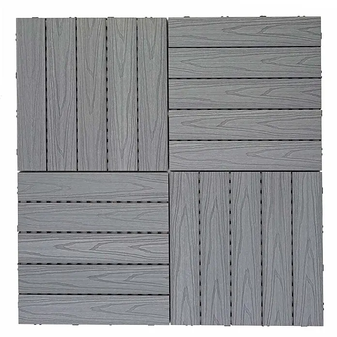 Berlinlodge WPC-Fliese - Grau, 4 Stk. - Vier graue Verbund-Terrassenfliesen, zwei vertikal, zwei horizontal ausgerichtet, für den Außenbereich.