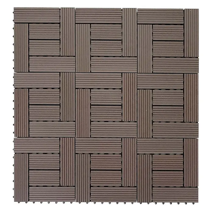 Berlinlodge WPC-Fliese - Braun, 11 Stk. - Dunkelbraune, ineinandergreifende Terrassenfliesen mit geriffelter Oberfläche und wiederholendem Quadratmuster.