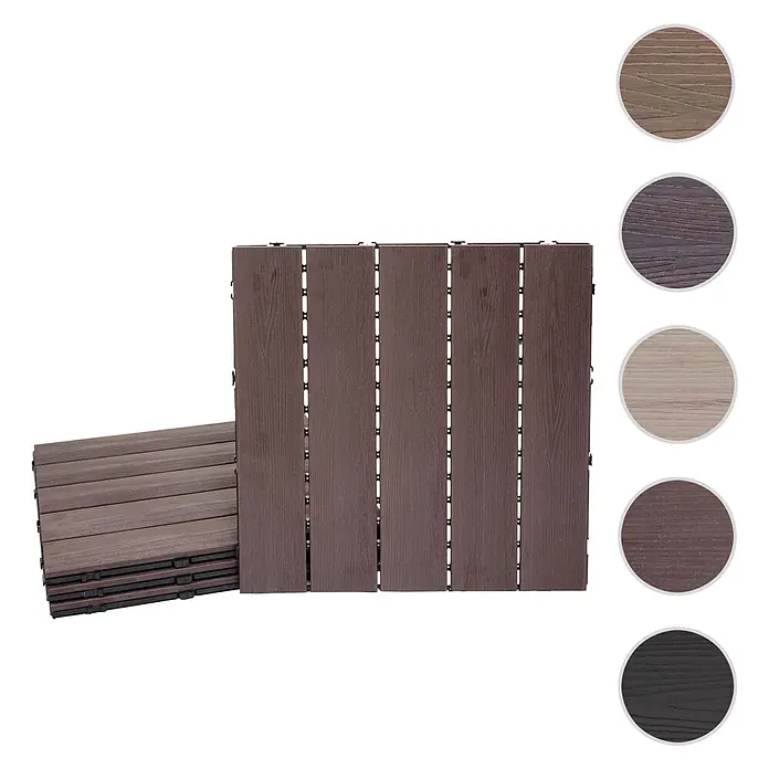 Berlinlodge WPC-Fliese - Braun, 4 Stk. - Braune Klick-Terrassenfliesen mit Holzmaserung; Farbmuster zeigen verschiedene Farbtöne.