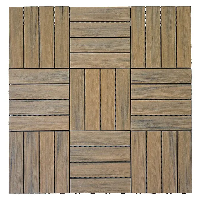Berlinlodge WPC-Fliese - Braun, 11 Stk. - Quadratische Verbund-Terrassenfliesen in natürlicher Holzoptik und Braunton, im Schachbrettmuster angeordnet.