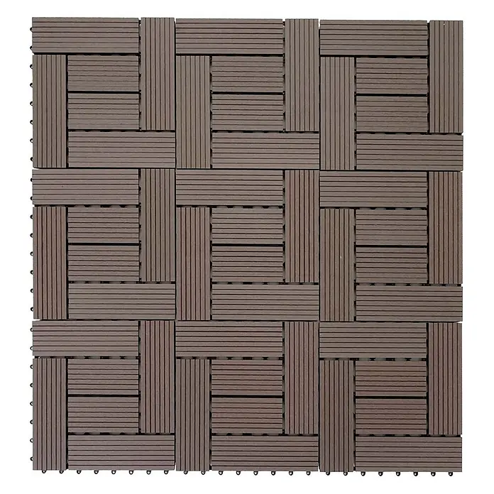 Berlinlodge WPC-Fliese - Braun, 11 Stk. - Dunkelbraune, ineinandergreifende Terrassenfliesen aus Holzverbundwerkstoff, modular im Korbflechtmuster für Außenbereiche.