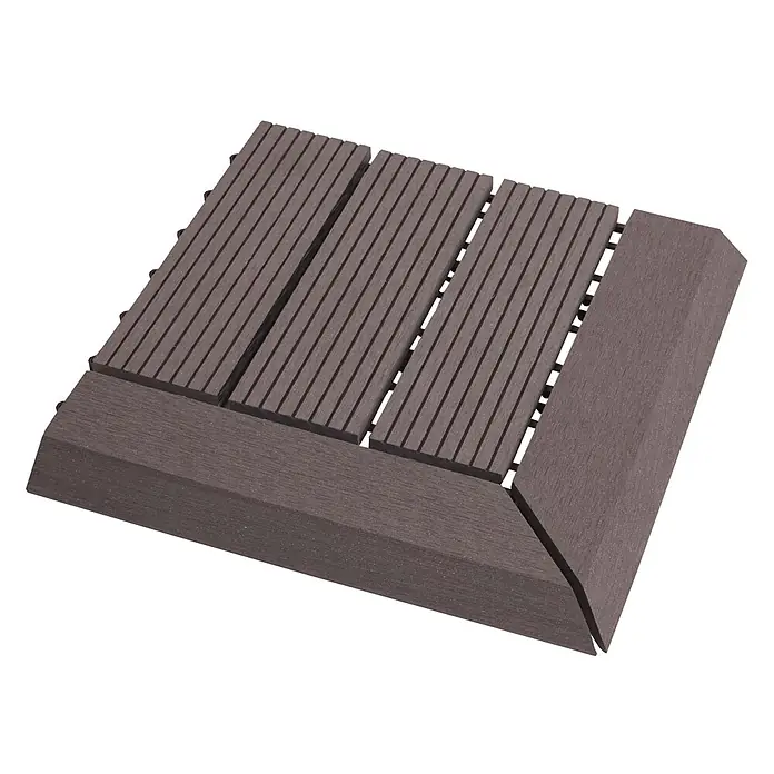 Berlinlodge WPC-Fliese - Grau, 1 Stk. - Dunkelbraune WPC-Terrassenplatten mit geriffelter Oberfläche und flachen Eckleisten für den Außenbereich.