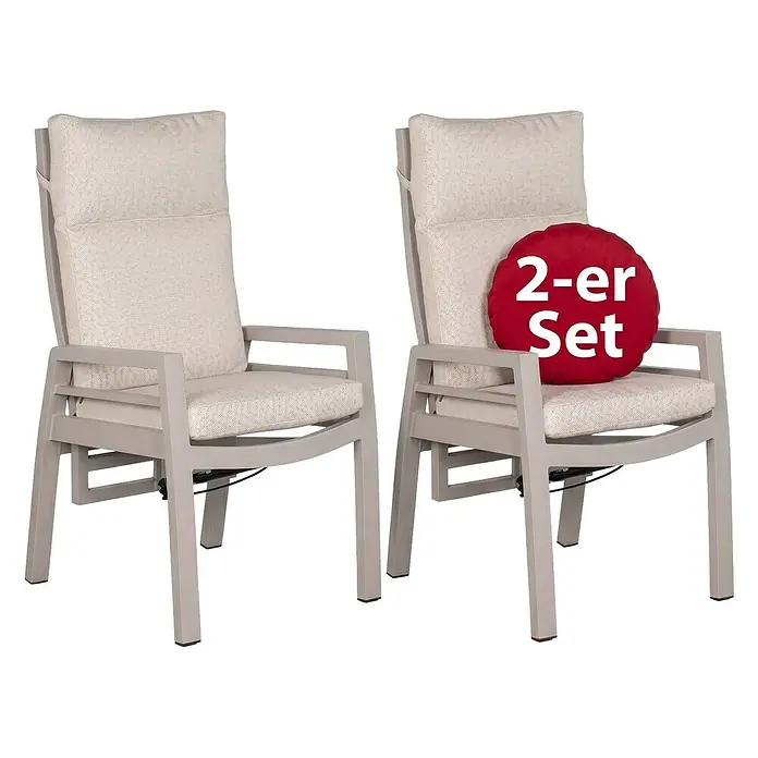 Bene Living Gartenstuhl-Set Sevilla - 2 Stk., Aluminium mit Textillene, beige - Zwei hellgraue Gartenstühle mit hellbeigen Polstern, als 2er-Set dargestellt.