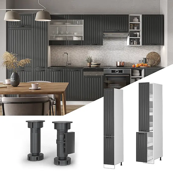 Vicco Schrankküche Fame-Line Anthrazit Landhaus - Dunkelgrau, Apothekerhochschrank 30 cm - Dunkelgraue Rillenfront-Küchenschränke in modernem Ambiente, verstellbare Beine und vielseitiger Stauraum hervorgehoben.