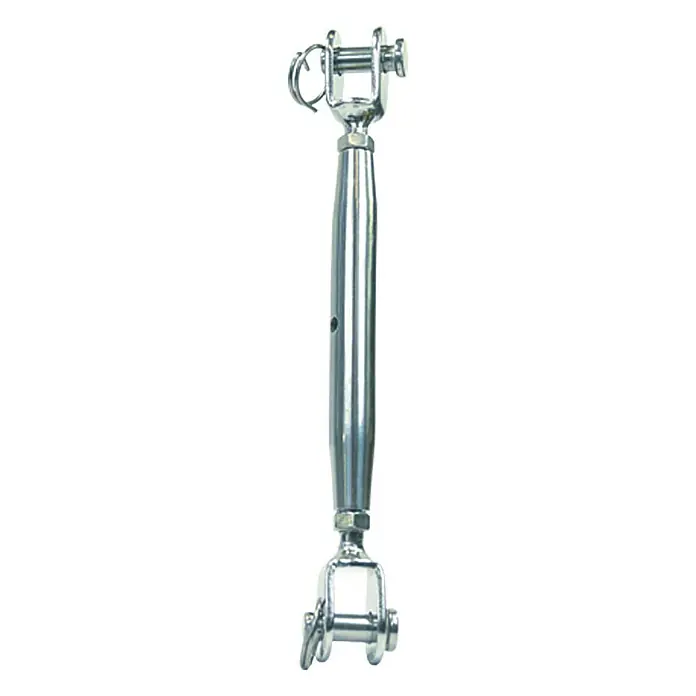 Marinetech Tensor de acero - Rosca: M 6, Acero inoxidable, A4 - Imagen de un tensor brillante plateado. Creado para tensar cuerdas o cables, ideal para aplicaciones marítimas y de construcción.