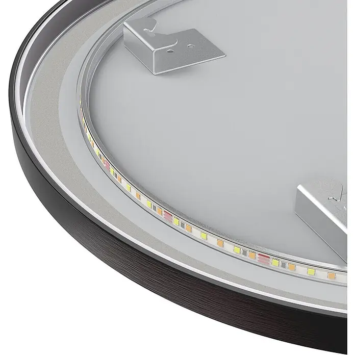 LOMAZOO Lichtspiegel LMZ-DORTMUND - Schwarz - Unterseite einer runden LED-Leuchte mit flexiblem LED-Streifen, dunklem gebürstetem Rand und silbernen Halterungen.