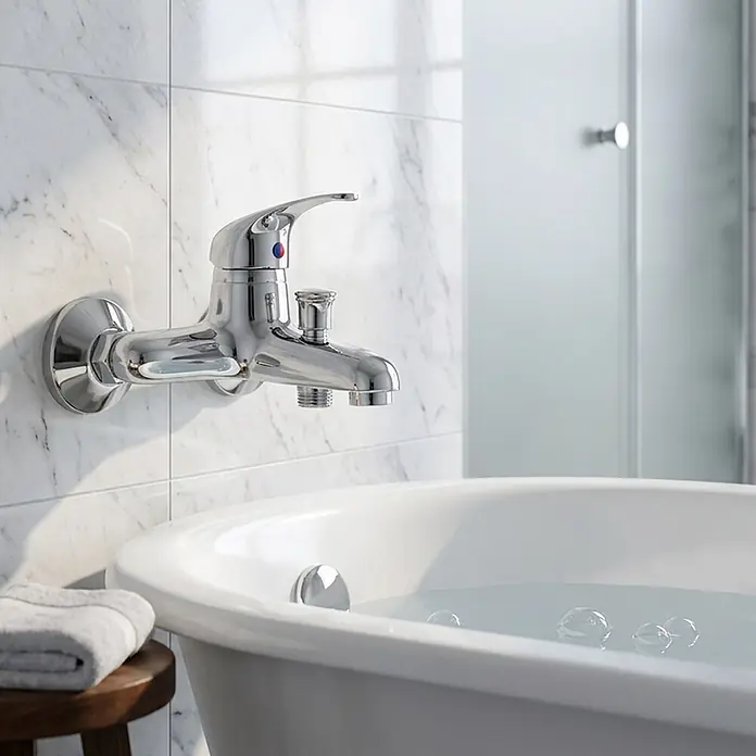 Kiamami Valentina Badewannenarmatur - Silber - Verchromte Badewannenarmatur mit Umstellknopf, an Fliesenwand über einer weißen Wanne mit Wasser montiert.