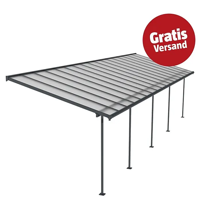 Palram – Canopia Terrassenüberdachung Sierra - B x T: 1.044 x 299 cm, Anthrazitgrau, Polycarbonat, Klar - Graues Anlehn-Terrassendach mit lichtdurchlässigem Dach und Stützpfosten.