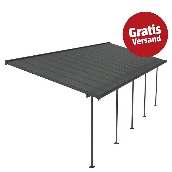 Palram – Canopia Terrassenüberdachung Capri - B x T: 860 x 299 cm, Anthrazitgrau, Polycarbonat, Grau - Dunkelgraues Carport mit Wellblechdach und Stützpfosten.