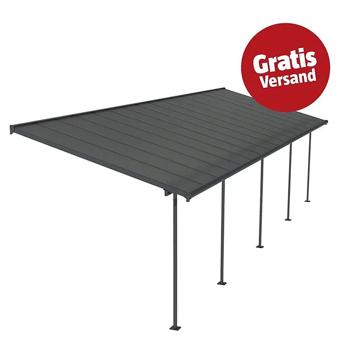 Palram – Canopia Terrassenüberdachung Capri - B x T: 980 x 299 cm, Anthrazitgrau, Polycarbonat, Grau - Dunkelgraues Carport mit Wellblechdach, gestützt von schlanken Pfosten.