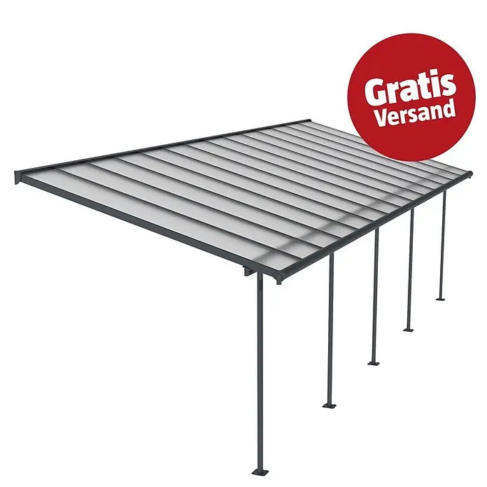 Palram – Canopia Terrassenüberdachung Sierra - B x T: 860 x 299 cm, Anthrazitgrau, Polycarbonat, Klar - Graues Carport mit transparenten Dachpaneelen und Stützpfeilern.
