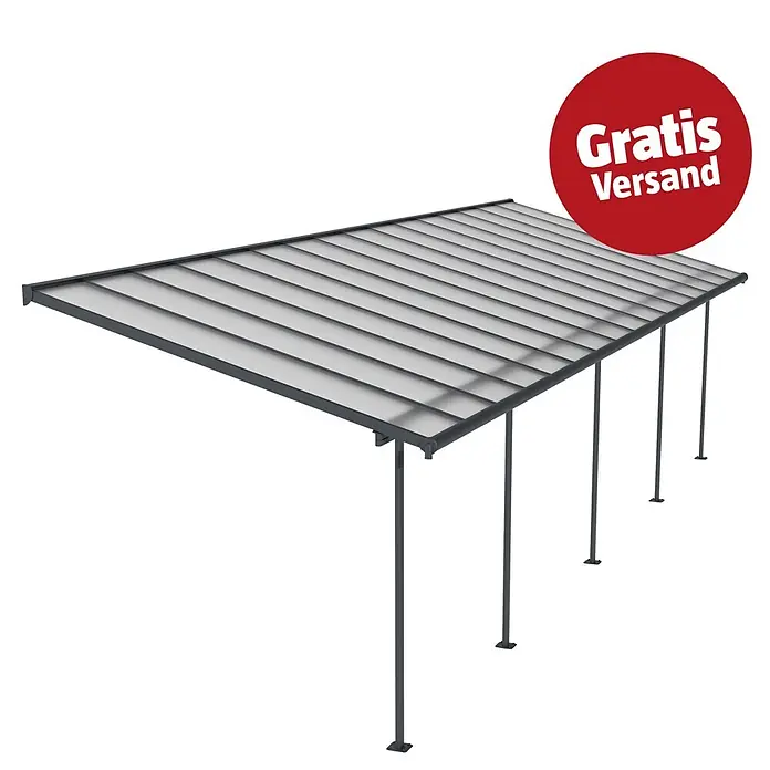 Palram – Canopia Terrassenüberdachung Sierra - B x T: 980 x 299 cm, Anthrazitgrau, Polycarbonat, Klar - Graues Terrassendach/Carport mit transparentem Dach und „Gratis Versand“-Label.