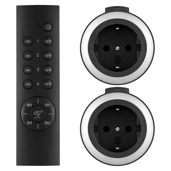 REV Funkschalter Set 2+1, Comfort -  - Schwarze Fernbedienung mit ON/OFF-Tasten und Timerfunktionen, daneben zwei runde schwarz-silberne EU-Smart-Steckdosen.