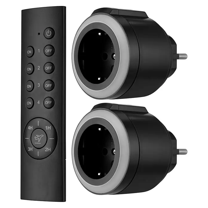 REV Funkschalter Set 2+1, Comfort -  - Schwarze Fernbedienung und zwei schwarze Smart Plugs mit Lichtringen für Fernsteuerung und Zeitschaltfunktionen.
