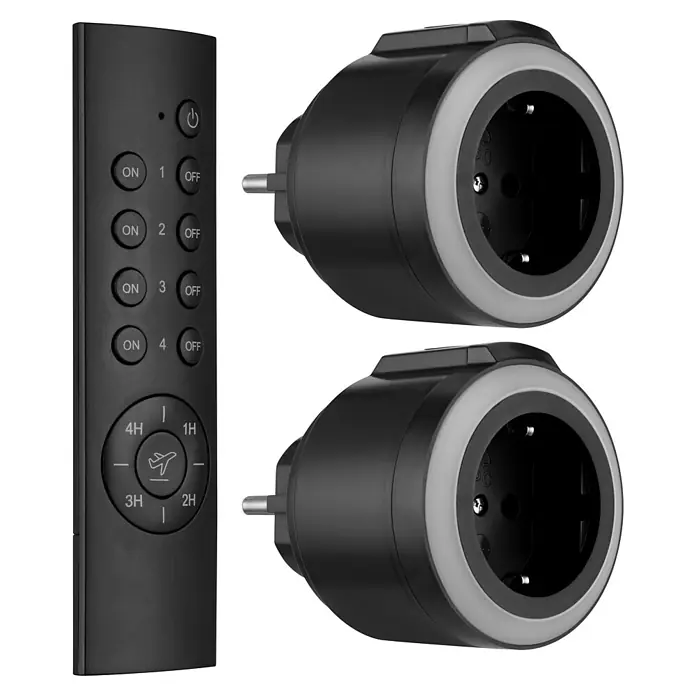 REV Funkschalter Set 2+1, Comfort -  - Zwei schwarze Smart Plugs mit Leuchtringen und eine schwarze Fernbedienung mit Ein-/Aus- und Timer-Tasten.