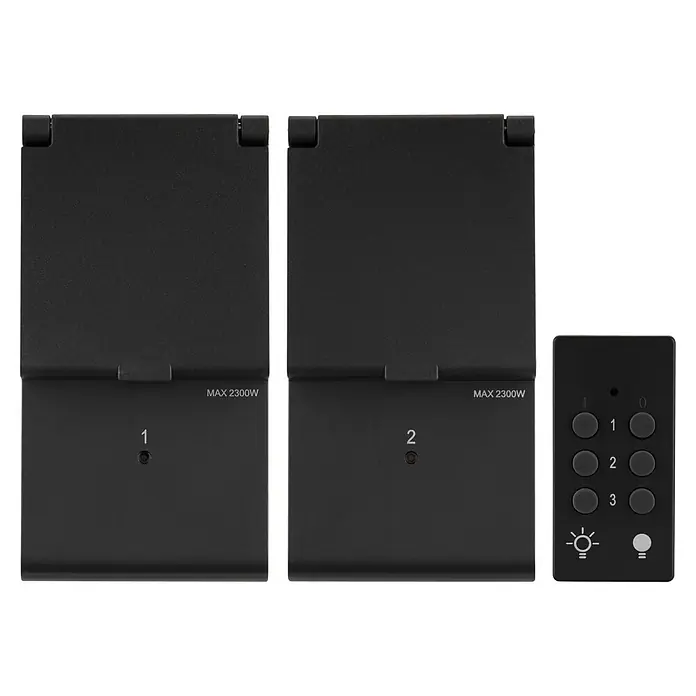 REV Funkschalter Set 2+1 außen 2 Stk. -  - Zwei schwarze Heizpaneele (max. 2300W) mit individuellen Bedienelementen, ergänzt durch eine passende schwarze Fernbedienung.
