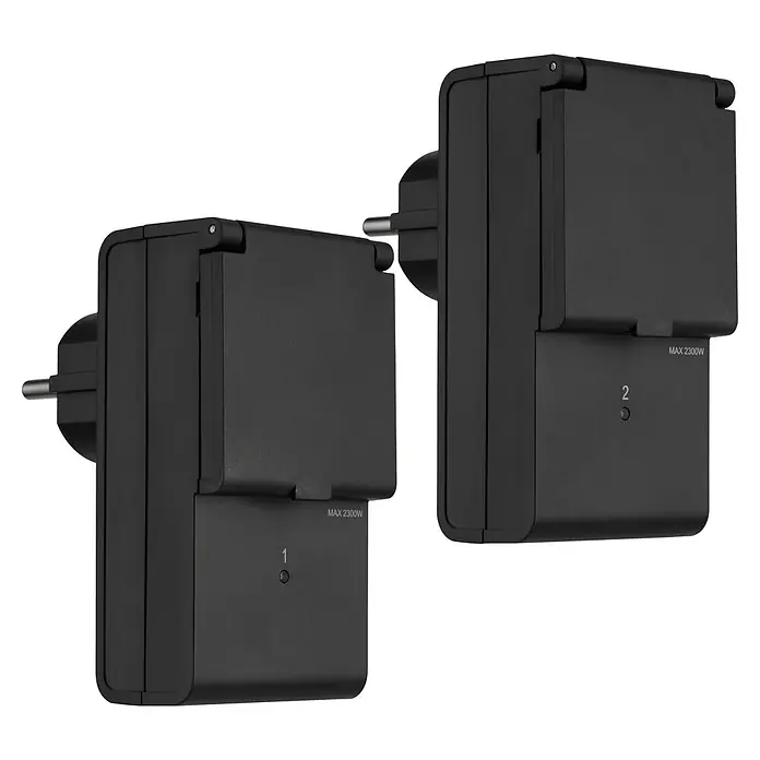 REV Funkschalter Set 2+1 außen 2 Stk. -  - Zwei schwarze Smart Plugs mit sichtbaren Steckern, nummerierten Anzeigen 1 und 2, und 'MAX 2300W' Leistung.
