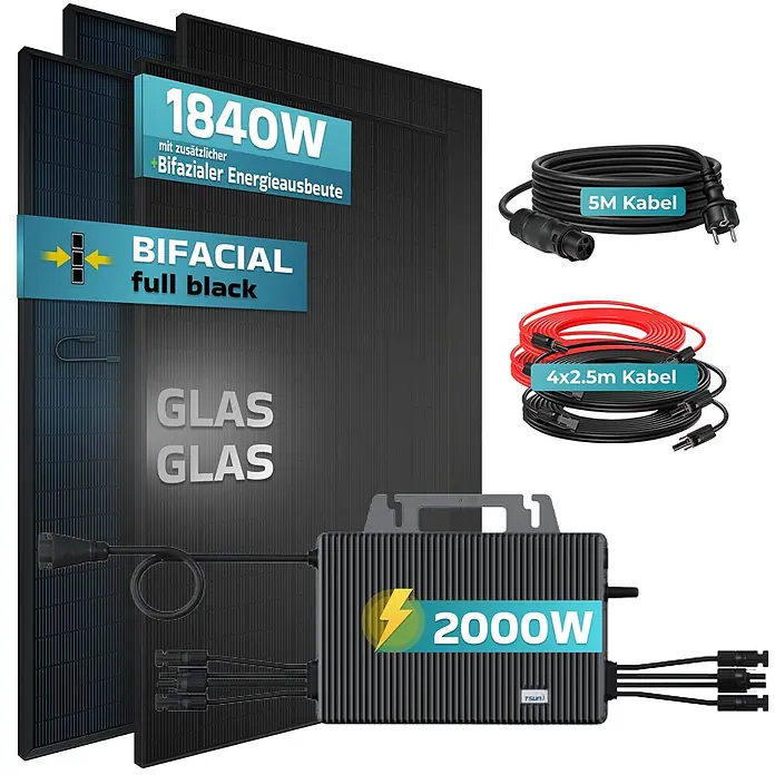 Sunniva Balkonkraftwerk-Set 1840 / 2000 Watt mit TSUN Wechselrichter - Nennleistung: 2.000 W, L x B x H: 1.762 x 1.134 x 30 mm - Vollschwarzes bifaziales Solarmodul-System mit 1840W Modulen, einem 2000W Mikrowechselrichter und Anschlusskabeln.