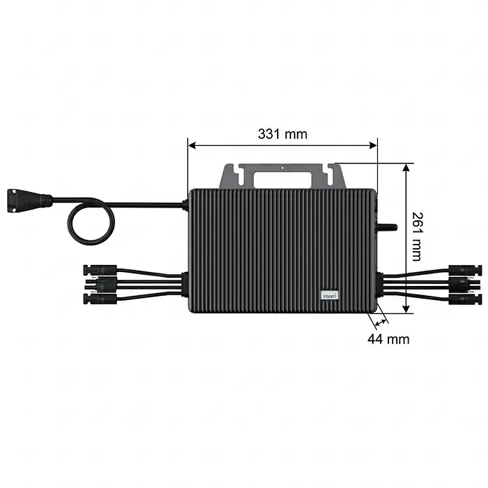 Sunniva Balkonkraftwerk-Set 2000 / 2000 Watt mit TSUN Wechselrichter - Nennleistung: 2.000 W, L x B x H: 1.910 x 1.134 x 30 mm - Grau/schwarzer Solar-Mikrowechselrichter mit Kühlrippen, mehreren Kabeln & Steckern und Abmessungen.