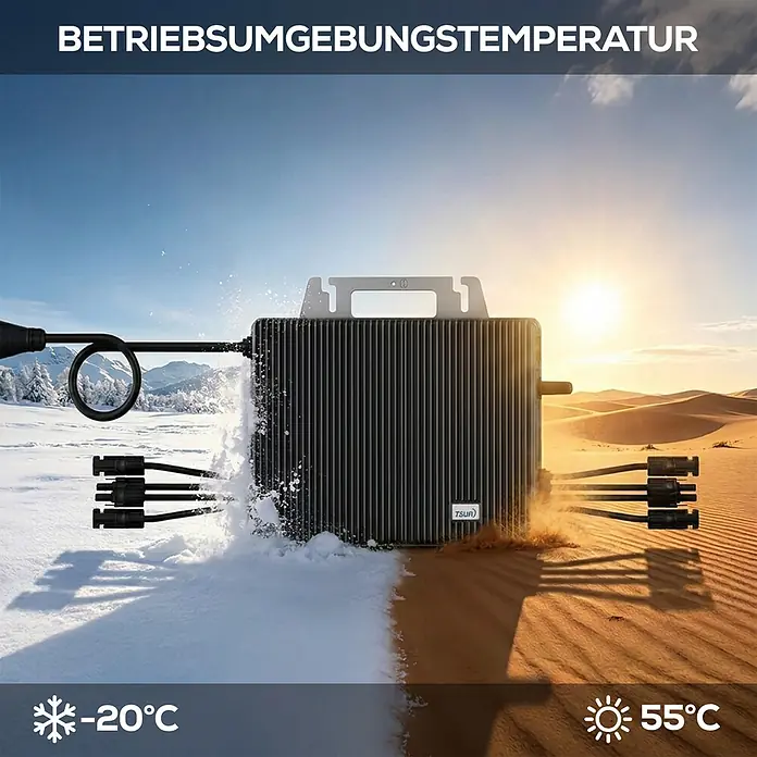 Sunniva Balkonkraftwerk-Set 2000 / 2000 Watt mit TSUN Wechselrichter - Nennleistung: 2.000 W, L x B x H: 1.910 x 1.134 x 30 mm - Schwarzer Solar-Wechselrichter in Schnee (-20°C) und Wüste (55°C), demonstriert robusten Temperaturbereich.