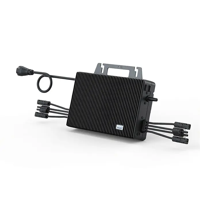 Sunniva Balkonkraftwerk-Set 2000 / 2000 Watt mit TSUN Wechselrichter - Nennleistung: 2.000 W, L x B x H: 1.910 x 1.134 x 30 mm - Schwarzer Solar-Mikrowechselrichter mit Kühlrippen, Kabeln und Anschlüssen.