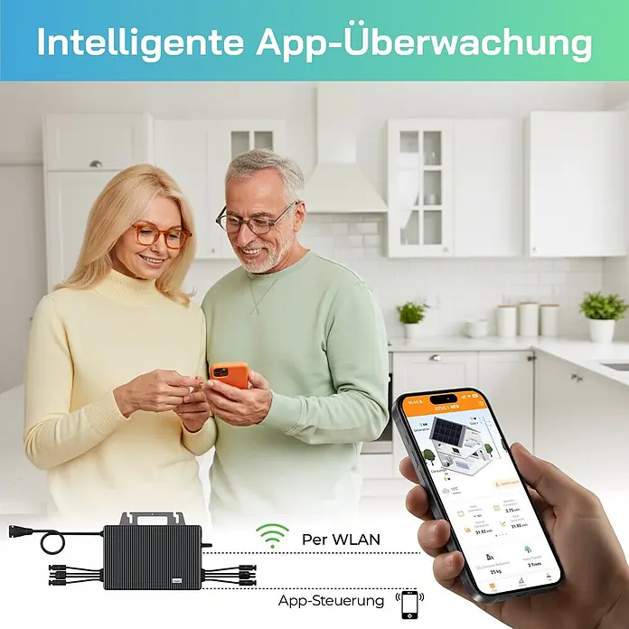 Sunniva Balkonkraftwerk-Set 2000 / 2000 Watt mit TSUN Wechselrichter - Nennleistung: 2.000 W, L x B x H: 1.910 x 1.134 x 30 mm - Schwarzes Solarüberwachungsgerät mit Kabeln, das über WLAN und eine App gesteuert wird, gezeigt in einer Küche mit einem Smartphone.
