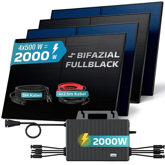 Sunniva Balkonkraftwerk-Set 2000 / 2000 Watt mit TSUN Wechselrichter - Nennleistung: 2.000 W, L x B x H: 1.910 x 1.134 x 30 mm - Ein 2000W Solar-Set mit vier schwarzen bifazialen Modulen, einem Wechselrichter und Anschlusskabeln.