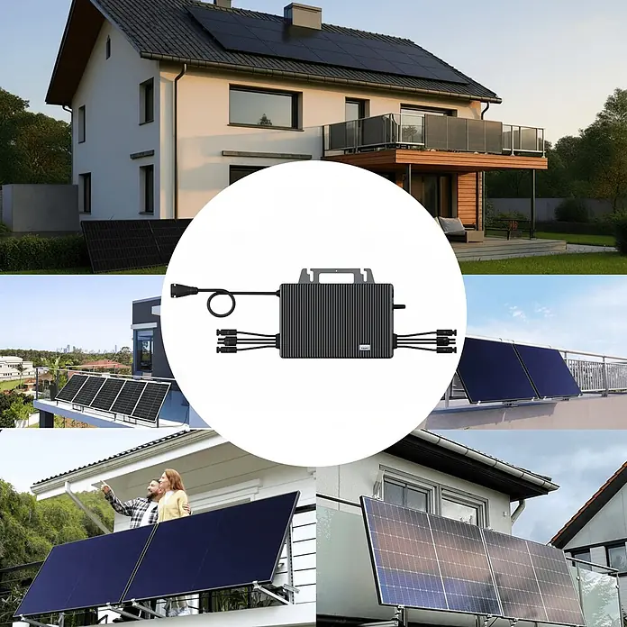 Sunniva Balkonkraftwerk-Set 2000 / 2000 Watt mit TSUN Wechselrichter - Nennleistung: 2.000 W, L x B x H: 1.910 x 1.134 x 30 mm - Dunkelgrauer Solar-Mikrowechselrichter mit Kabeln, Anschlüssen, gezeigt in Wohn-PV-Anlagen.