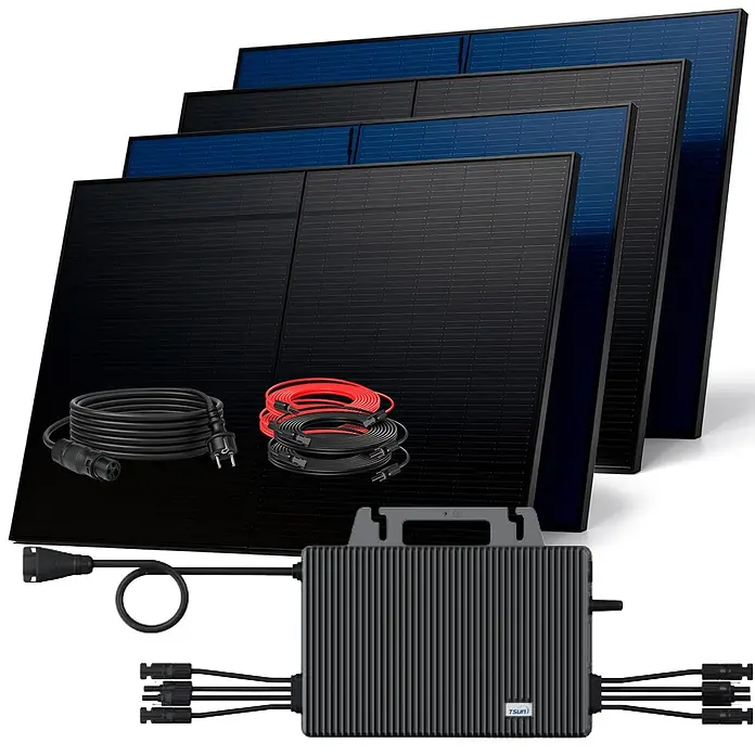 Sunniva Balkonkraftwerk-Set 2000 / 2000 Watt mit TSUN Wechselrichter - Nennleistung: 2.000 W, L x B x H: 1.910 x 1.134 x 30 mm - Solarmodul-Set mit schwarzen und blauen Paneelen, aufgerollten schwarzen und roten Kabeln und einem grauen Mikro-Wechselrichter zur Energieerzeugung.