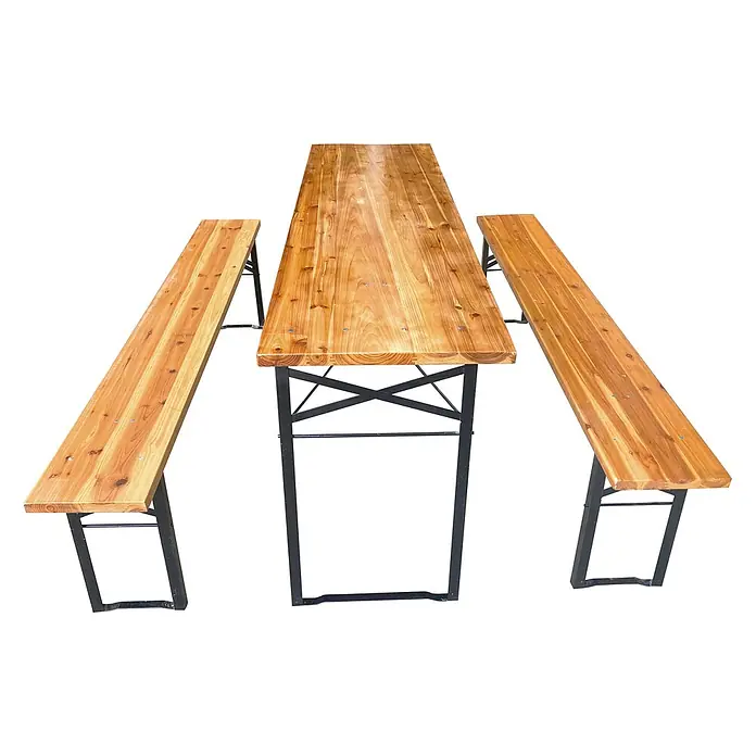 SVITA Bierzeltgarnitur Bierzeltgarnitur - 3 -tlg., Klappbar - Helles Holz-Biertischset mit zwei passenden Bänken auf schwarzen Metallgestellen.