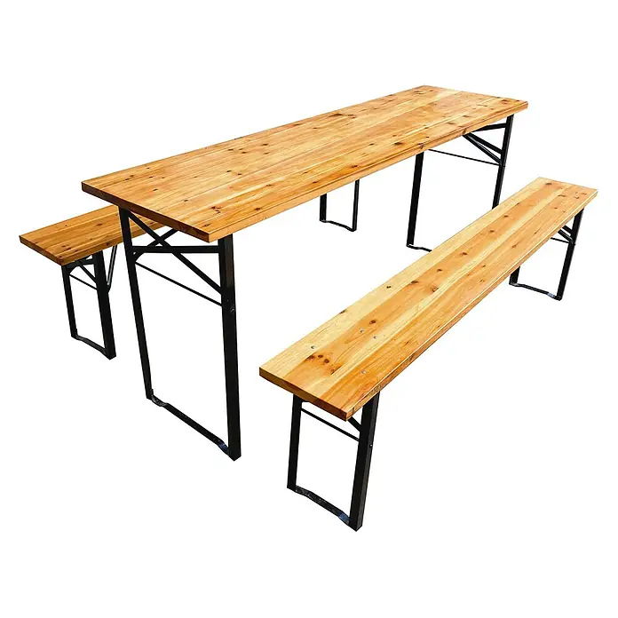 SVITA Bierzeltgarnitur Bierzeltgarnitur - 3 -tlg., Klappbar - Faltbares Biertisch-Set aus hellem Holz mit zwei passenden Bänken und schwarzen Metallrahmen.