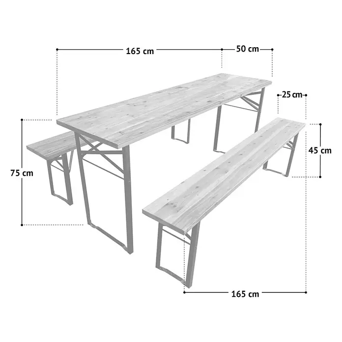 SVITA Bierzeltgarnitur Bierzeltgarnitur - 3 -tlg., Klappbar - Holzbierzeltgarnitur: Klapptisch (165x50x75 cm) und zwei Bänke (165 cm lang, 45 cm hoch).