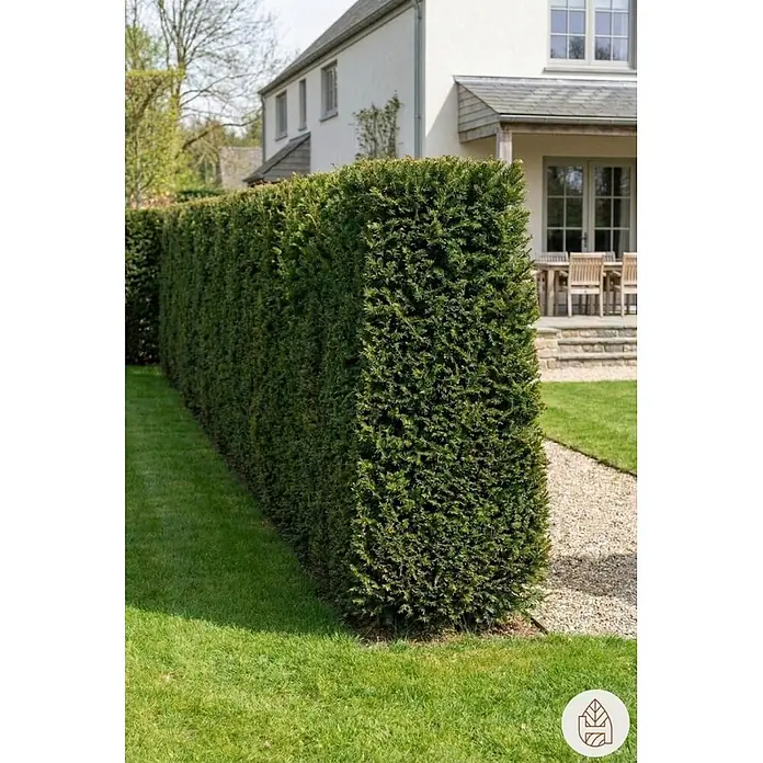 Heijnen Pflanzen Heimische Eibe 140-160 cm - 20 St. für 10 Meter - Taxus baccata, Aktuelle Wuchshöhe: 140 cm - 160 cm - Eine hohe, dichte, rechteckige dunkelgrüne Hecke, die Privatsphäre in einem Garten neben einem Haus bietet.