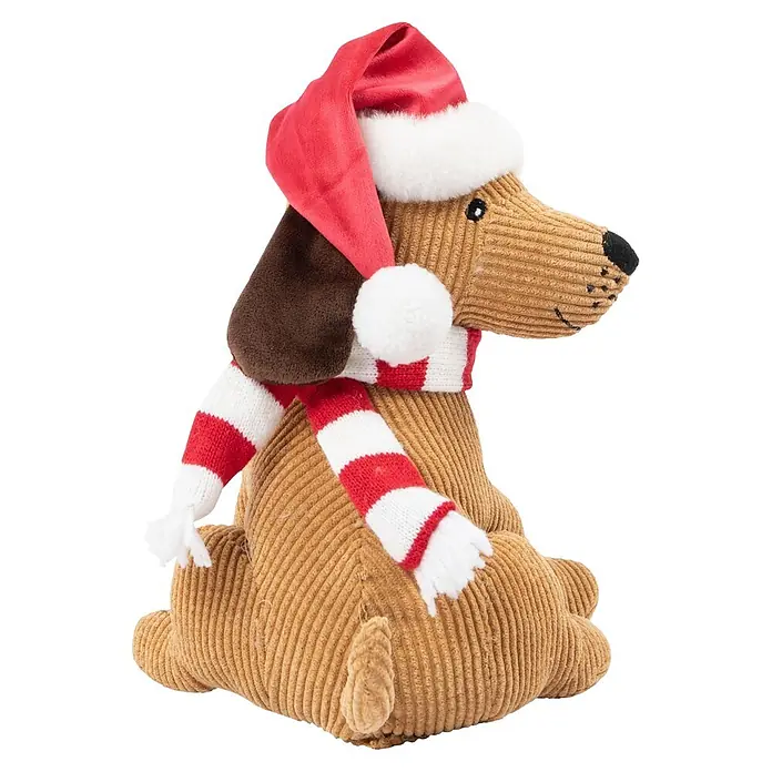 Türstopper X-Mas Hund - 20 x 16 x 26 cm, Braun - Brauner Cord-Hund-Türstopper mit roter Weihnachtsmütze und rot-weiß gestreiftem Schal.