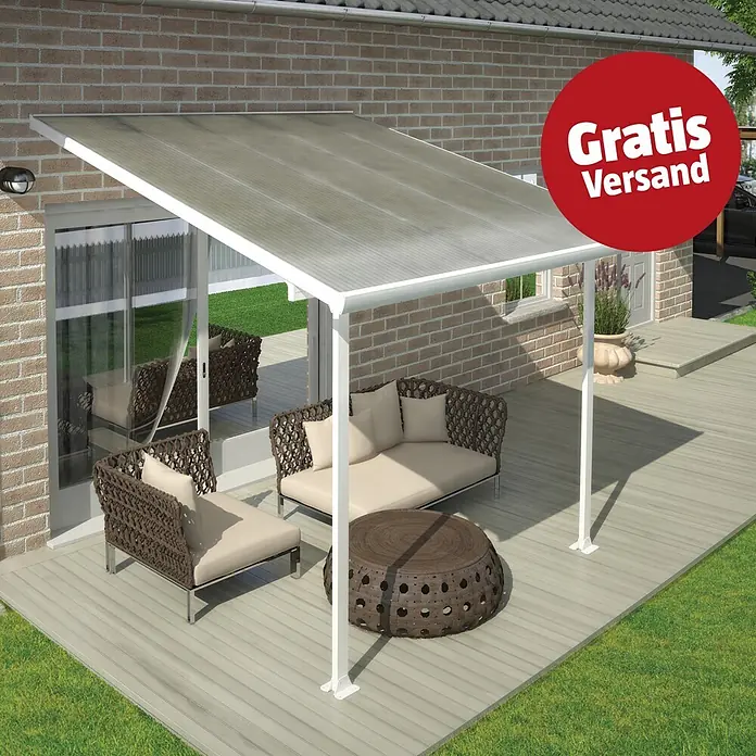 Solid Elements Terrassenüberdachung Martina - B x T: 305 x 300 cm, Verkehrsweiß, Polycarbonat, Transparent - Weiße Terrassenüberdachung mit lichtdurchlässigen Dachplatten an einem Haus, schützt Outdoor-Möbel auf einer Terrasse.